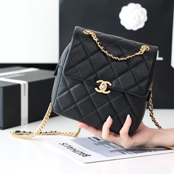 CHANEL AS3108 荔枝紋 ブラック×ホワイト×ゴールド 斜め掛けバッグ 春夏 20×19×8cm サイズ:20×19×8cm