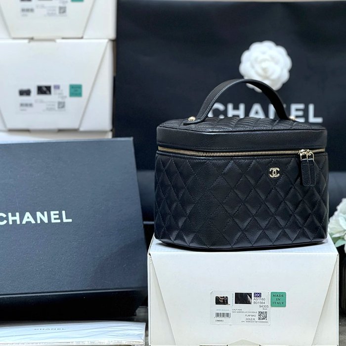CHANEL カーフレザー 荔枝紋 ブラック×ゴールド ハンドバッグ クラシック 秋冬 21×15×14cm サイズ:21×15×14cm