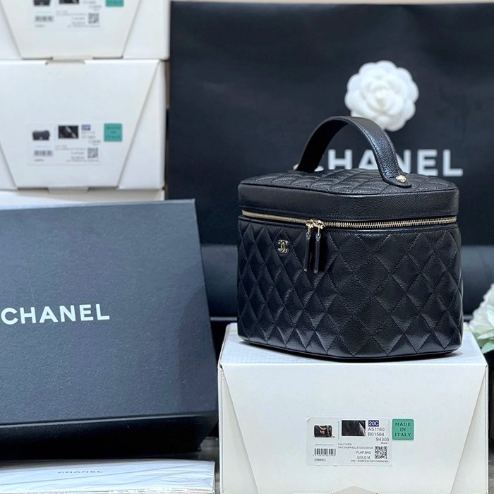 CHANEL カーフレザー 荔枝紋 ブラック×ゴールド ハンドバッグ クラシック 秋冬 21×15×14cm サイズ:21×15×14cm