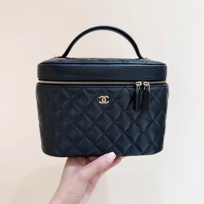 CHANEL カーフレザー 荔枝紋 ブラック×ゴールド ハンドバッグ クラシック 秋冬 21×15×14cm サイズ:21×15×14cm