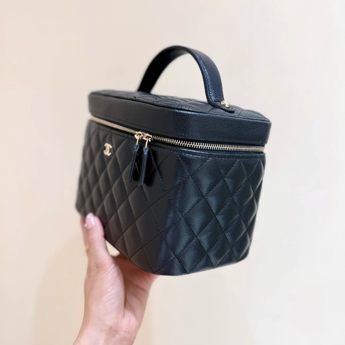 CHANEL カーフレザー 荔枝紋 ブラック×ゴールド ハンドバッグ クラシック 秋冬 21×15×14cm サイズ:21×15×14cm
