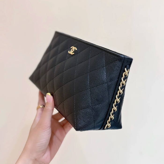 CHANEL カーフレザー 荔枝紋 ブラック×ゴールド 斜め掛けバッグ クラシック 23×12×8cm サイズ:23×12×8cm
