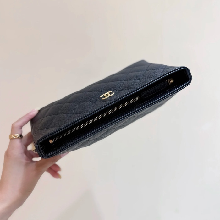 CHANEL カーフレザー 荔枝紋 ブラック×ゴールド 斜め掛けバッグ クラシック 23×12×8cm サイズ:23×12×8cm