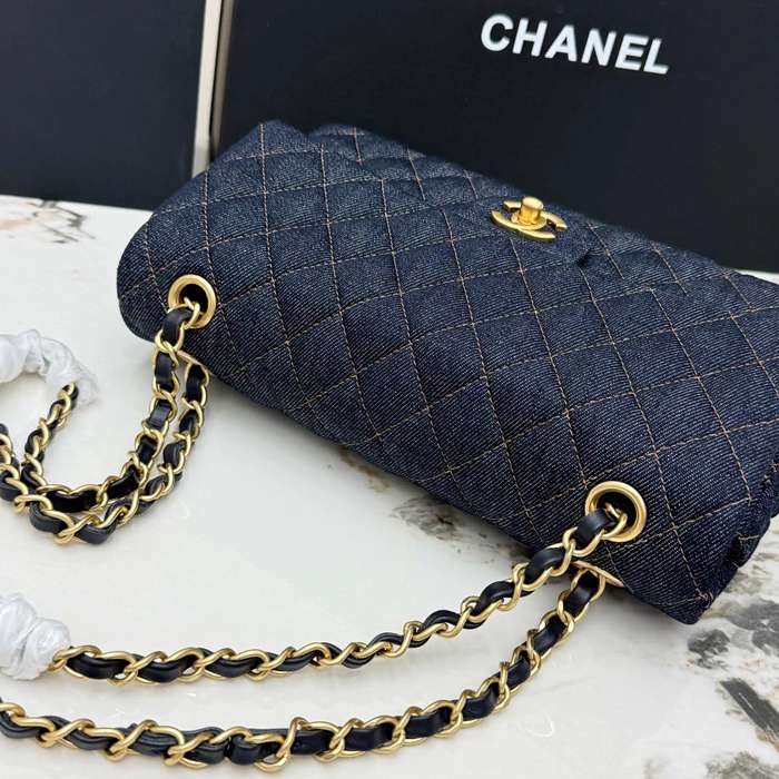 CHANEL AS1112 ラムレザー 菱格紋 ブルー×ゴールド 斜め掛けバッグ クラシック 大 25×14.5×6cm サイズ:25×14.5×6cm