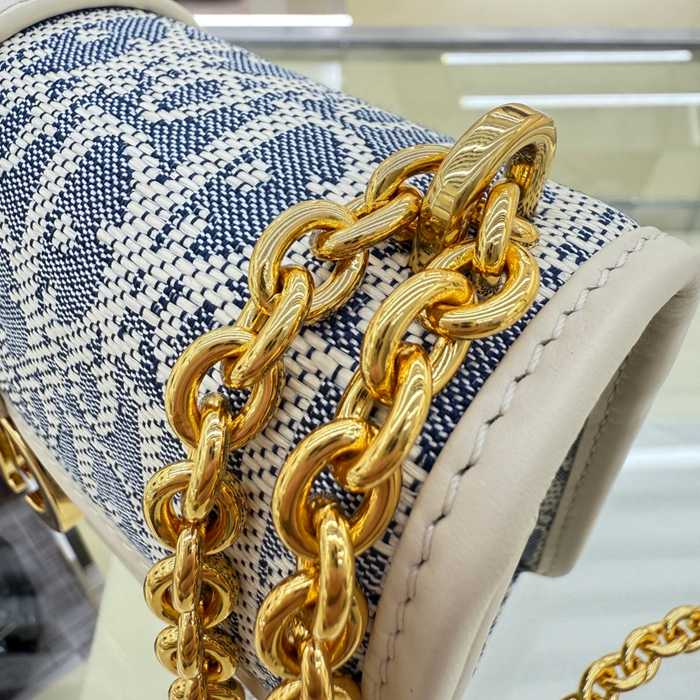 DIOR チェーン プリント、刺繍、フラワー ブルー、ベージュ ショルダーバッグ、チェーンバッグ 小 21.5x12.0x6.0cm サイズ:21.5x12cm