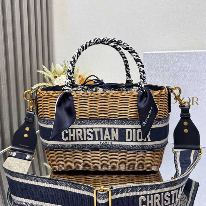 DIOR 8311 編み、オブリーク プリント、刺繍、フラワー ブルー 斜め掛けバッグ、ショルダーバッグ、ハンドバッグ クラシック サイズ:28x21x12cm