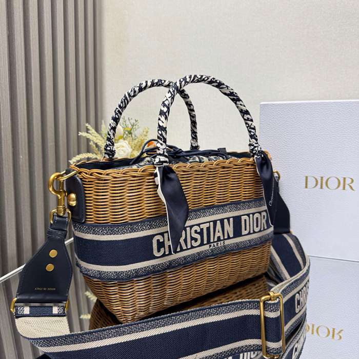DIOR 8311 編み、オブリーク プリント、刺繍、フラワー ブルー 斜め掛けバッグ、ショルダーバッグ、ハンドバッグ クラシック サイズ:28x21x12cm