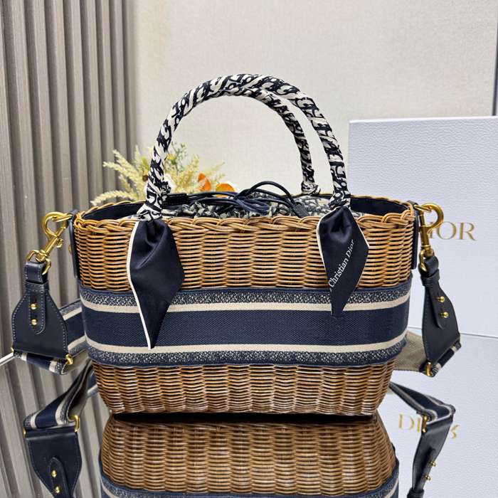 DIOR 8311 編み、オブリーク プリント、刺繍、フラワー ブルー 斜め掛けバッグ、ショルダーバッグ、ハンドバッグ クラシック サイズ:28x21x12cm