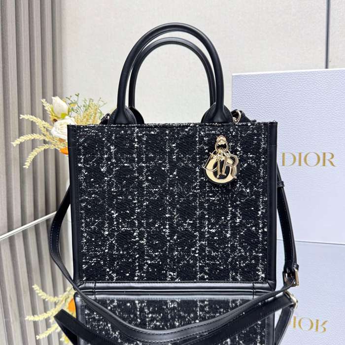 DIOR 7033 ストライプ、刺繍、レター ブラック ハンドバッグ、トートバッグ 小 21.0x14.0cm サイズ:21x14cm
