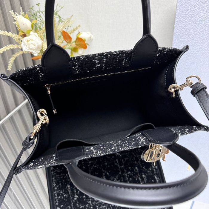 DIOR 7033 ストライプ、刺繍、レター ブラック ハンドバッグ、トートバッグ 小 21.0x14.0cm サイズ:21x14cm