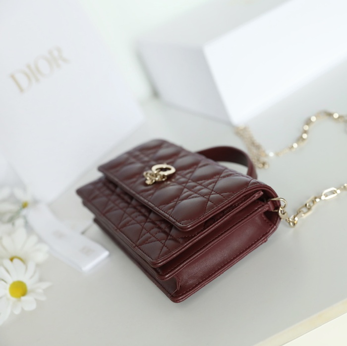 DIOR ラムレザー、レザー、チェーン グレンチェック、レター、ビーズ レッド、ベージュ、ワインレッド 斜め掛けバッグ、ハンドバッグ、ハンドバッグ ミニ 21.0x11.0cm サイズ:21x11cm