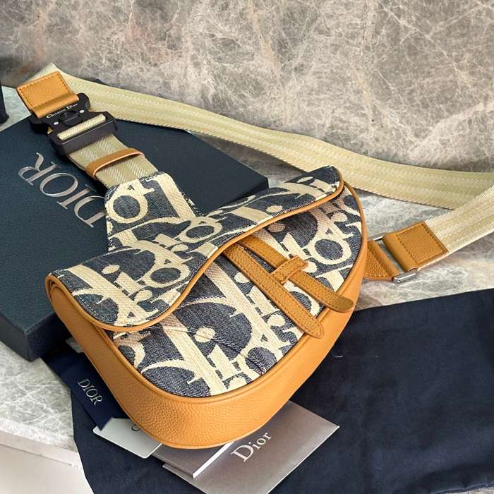 DIOR 93305 カーフレザー、レザー、オブリーク プリント、刺繍、レター ブルー、ブラウン、ゴールド 斜め掛けバッグ、ショルダーバッグ、サドルバッグ クラシック サイズ:27x20cm