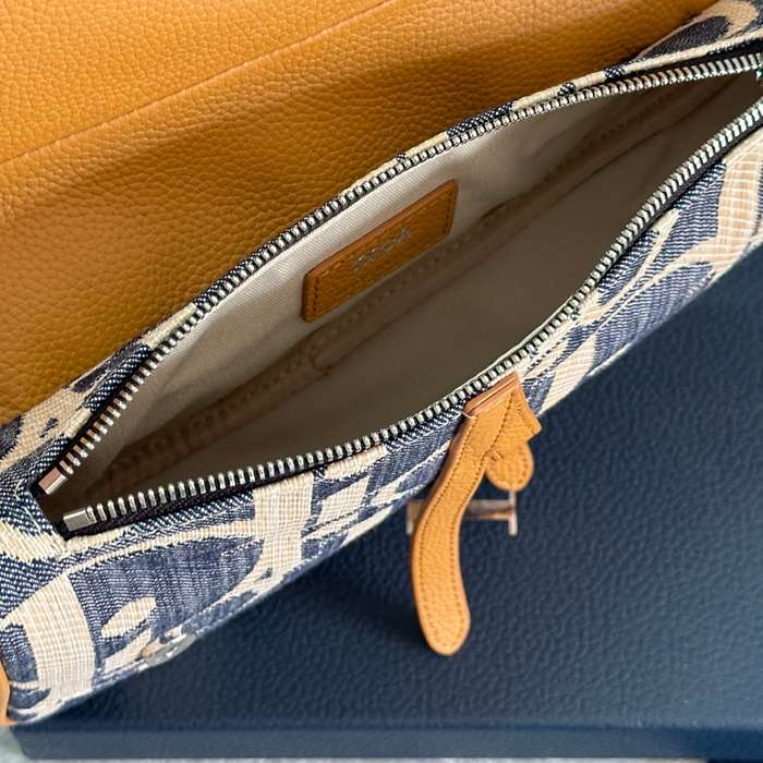 DIOR 93305 カーフレザー、レザー、オブリーク プリント、刺繍、レター ブルー、ブラウン、ゴールド 斜め掛けバッグ、ショルダーバッグ、サドルバッグ クラシック サイズ:27x20cm