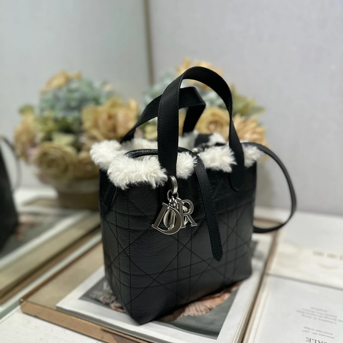 DIOR 2836 ラムレザー、レザー グレンチェック、レター ブラック、ホワイト、グレー 斜め掛けバッグ、ハンドバッグ 小 限定版 18.5x18.5x12.0cm サイズ:18.5x18.5x12cm