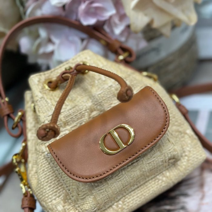 DIOR 3372 編み グレンチェック、レター ゴールド、ベージュ 斜め掛けバッグ、バケツバッグ 新作 ヴィンテージ 15.0x14.0x7.0cm サイズ:15x14cm