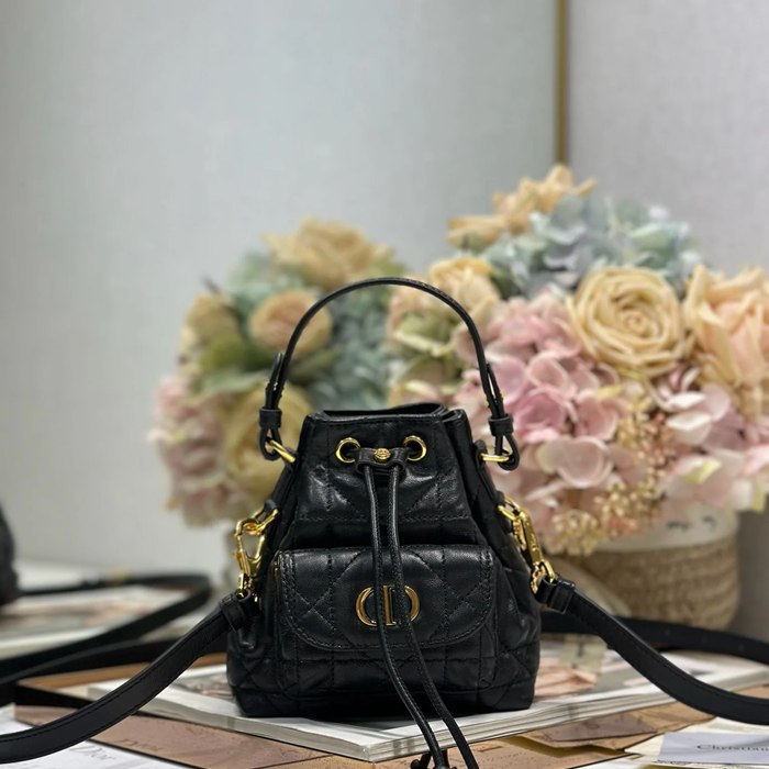 DIOR 5250 ラムレザー グレンチェック、レター ブラック、ゴールド、ベージュ 斜め掛けバッグ、バケツバッグ 新作 ヴィンテージ 15.0x14.0x7.0cm サイズ:15x14cm
