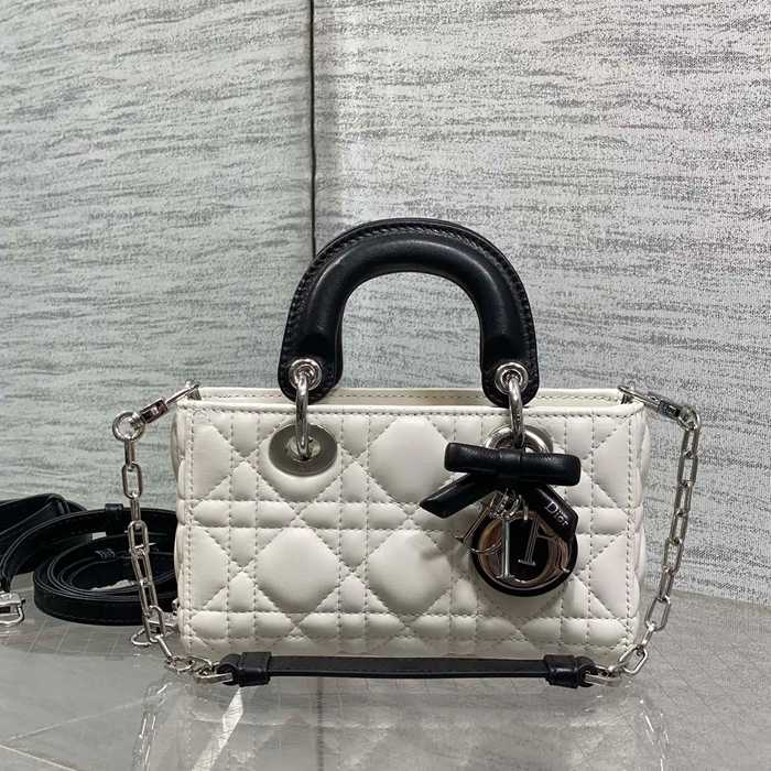 DIOR ラムレザー、チェーン リボン、フラワー ブラック、ホワイト 斜め掛けバッグ、ショルダーバッグ、チェーンバッグ ミニ 新作 16.0x10.0x5.5cm サイズ:16x10x5.5cm