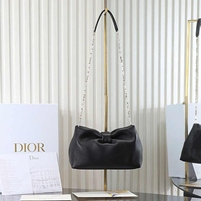 DIOR 0715 ラムレザー、レザー、チェーン レター、リボン ブラック 斜め掛けバッグ、ハンドバッグ、チェーンバッグ 小 新作 サイズ:26x16x10cm