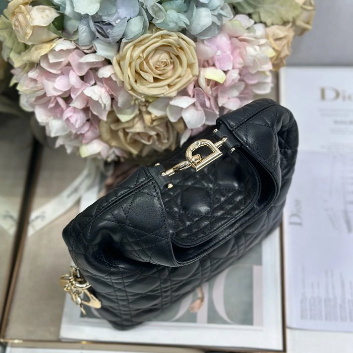 DIOR 1538 ラムレザー レター、フラワー、プリーツ ブラック ハンドバッグ、ハンドバッグ 新作 27.0x24.0x9.0cm サイズ:27x24cm