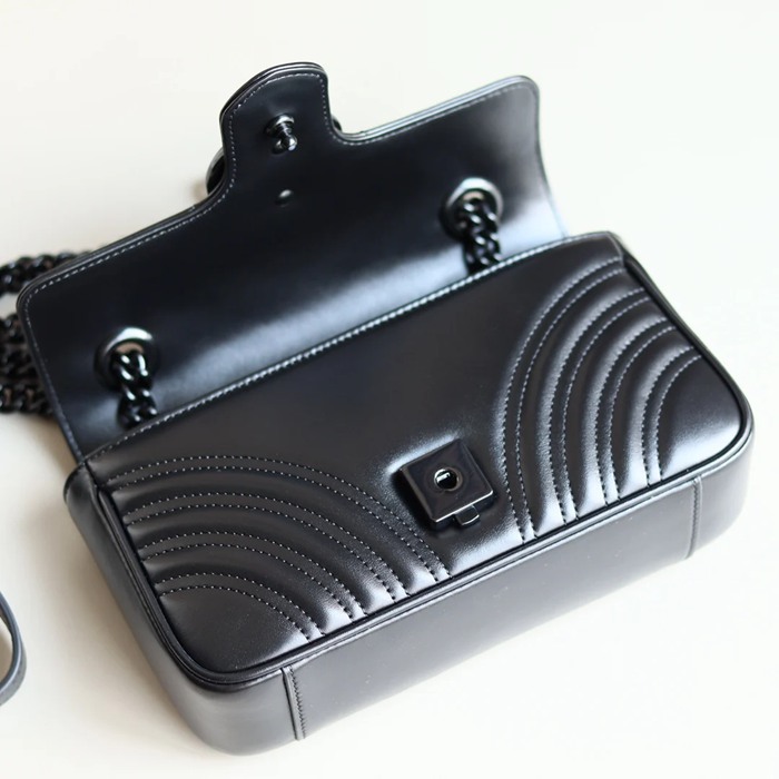 GUCCI 446744 レザー ブラック ショルダーバッグ、ハンドバッグ、ハンドバッグ GG、マルモント 22cm サイズ:23x14x6cm