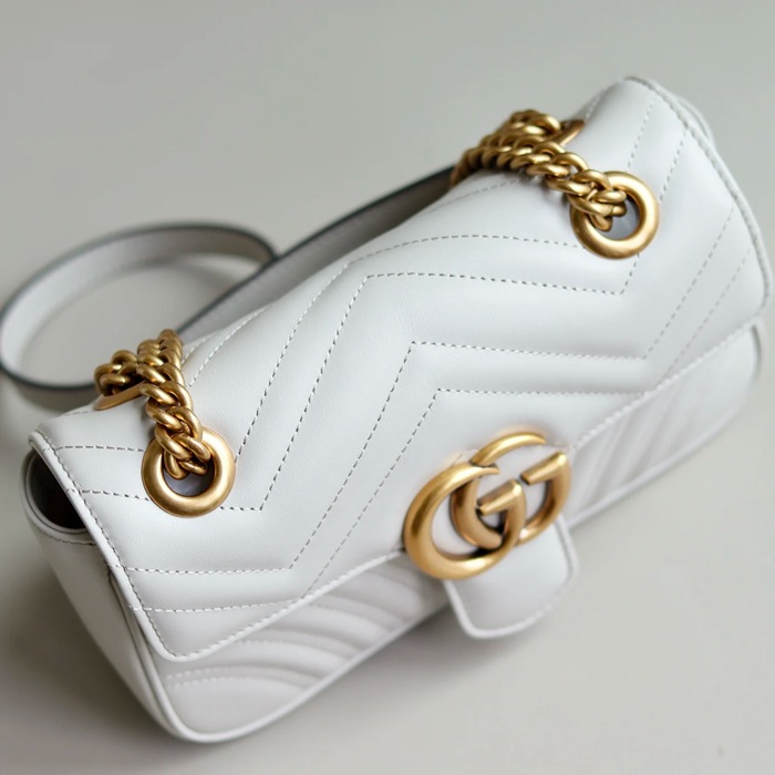 GUCCI 446744 レザー ベージュ、グレー、ゴールド 斜め掛けバッグ、ショルダーバッグ、ハンドバッグ、財布、ハンドバッグ GG、マルモント、新作 22cm サイズ:23x14x6cm