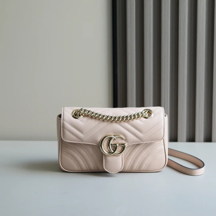 GUCCI 446744 レザー ピンク、ベージュ、ゴールド 斜め掛けバッグ、ショルダーバッグ、ハンドバッグ、財布、ハンドバッグ GG、マルモント、新作 22cm サイズ:23x14x6cm