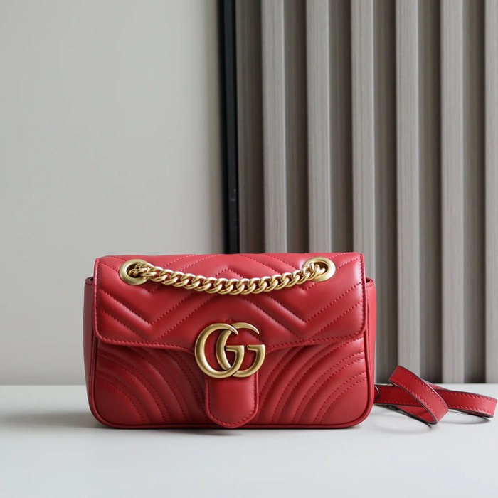 GUCCI 446744 カーフレザー レッド チェーンバッグ GG、マルモント 23x14cm サイズ:23x14cm