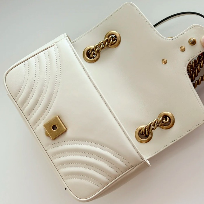 GUCCI 446744 カーフレザー ホワイト チェーンバッグ GG、マルモント 23x14cm サイズ:23x14cm