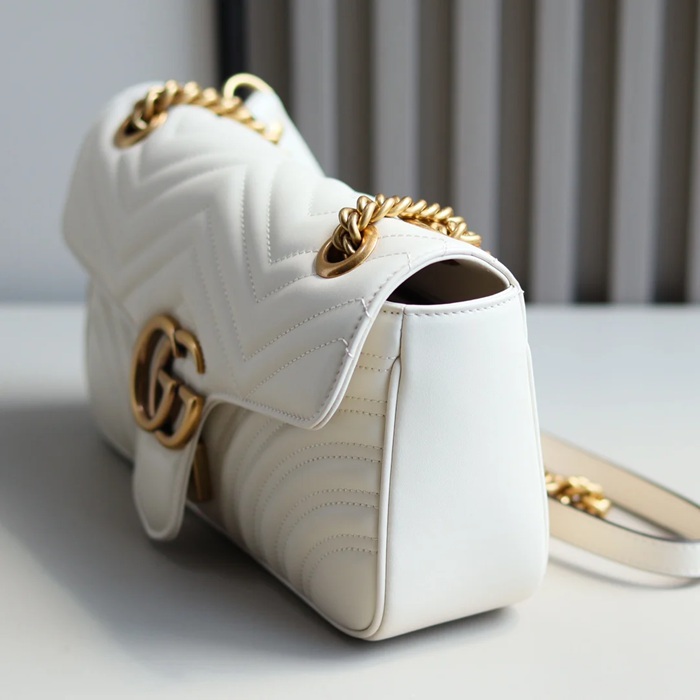 GUCCI 443497 カーフレザー ホワイト チェーンバッグ GG、マルモント 26x15cm サイズ:26x15cm