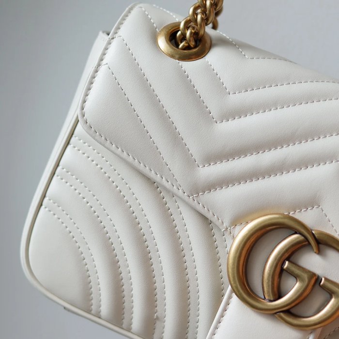 GUCCI 443497 カーフレザー ホワイト チェーンバッグ GG、マルモント 26x15cm サイズ:26x15cm