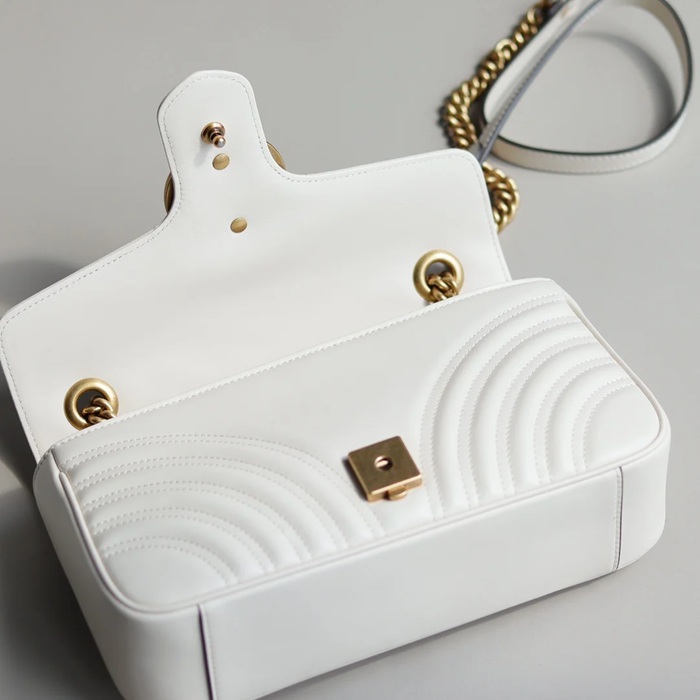GUCCI 443497 カーフレザー ホワイト チェーンバッグ GG、マルモント 26x15cm サイズ:26x15cm