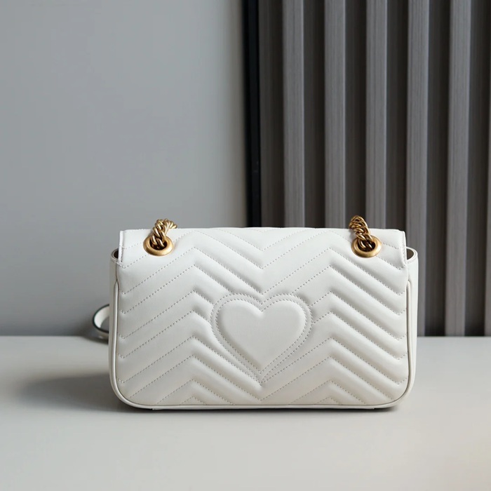 GUCCI 443497 カーフレザー ホワイト チェーンバッグ GG、マルモント 26x15cm サイズ:26x15cm