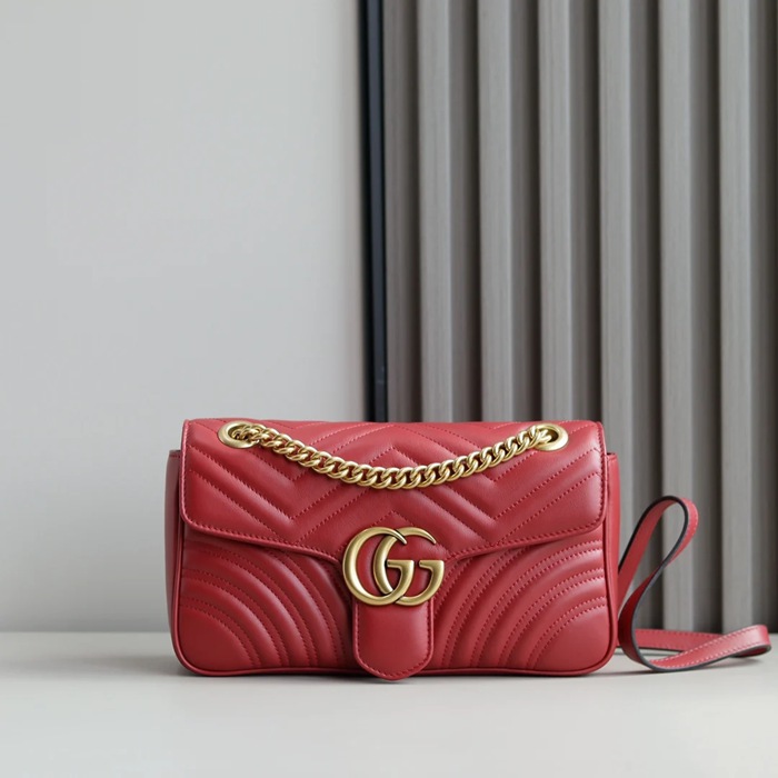 GUCCI 443497 カーフレザー レッド チェーンバッグ GG、マルモント 26x15cm サイズ:26x15cm
