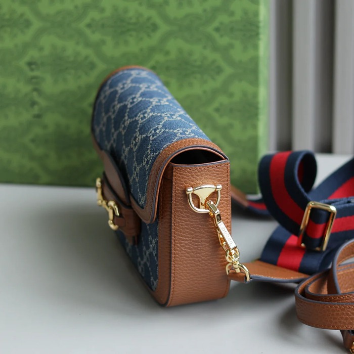 GUCCI 658574 レザー デニム 斜め掛けバッグ、ハンドバッグ GG、馬銜 20cm サイズ:20.5x14x5cm