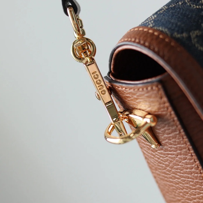 GUCCI 658574 レザー デニム 斜め掛けバッグ、ハンドバッグ GG、馬銜 20cm サイズ:20.5x14x5cm