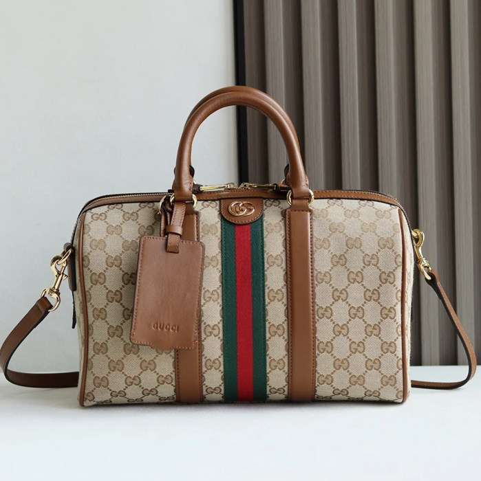 GUCCI 857595 カーフレザー、キャンバス ブラウン 斜め掛けバッグ、ショルダーバッグ、ハンドバッグ、化粧ポーチ、円筒バッグ、ハンドバッグ バニティ、クラシック 30x20x16cm サイズ:30x20x16cm