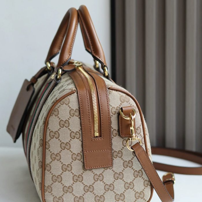 GUCCI 857595 カーフレザー、キャンバス ブラウン 斜め掛けバッグ、ショルダーバッグ、ハンドバッグ、化粧ポーチ、円筒バッグ、ハンドバッグ バニティ、クラシック 30x20x16cm サイズ:30x20x16cm