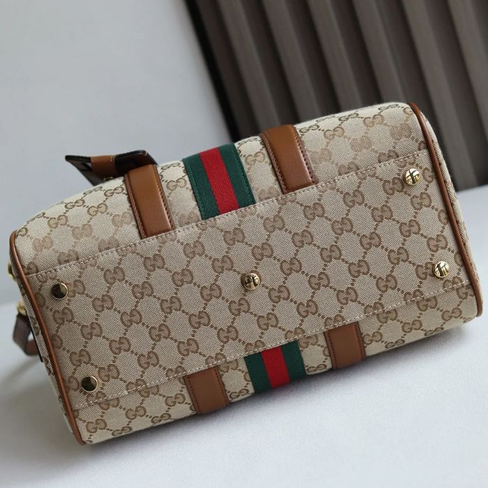 GUCCI 857595 カーフレザー、キャンバス ブラウン 斜め掛けバッグ、ショルダーバッグ、ハンドバッグ、化粧ポーチ、円筒バッグ、ハンドバッグ バニティ、クラシック 30x20x16cm サイズ:30x20x16cm