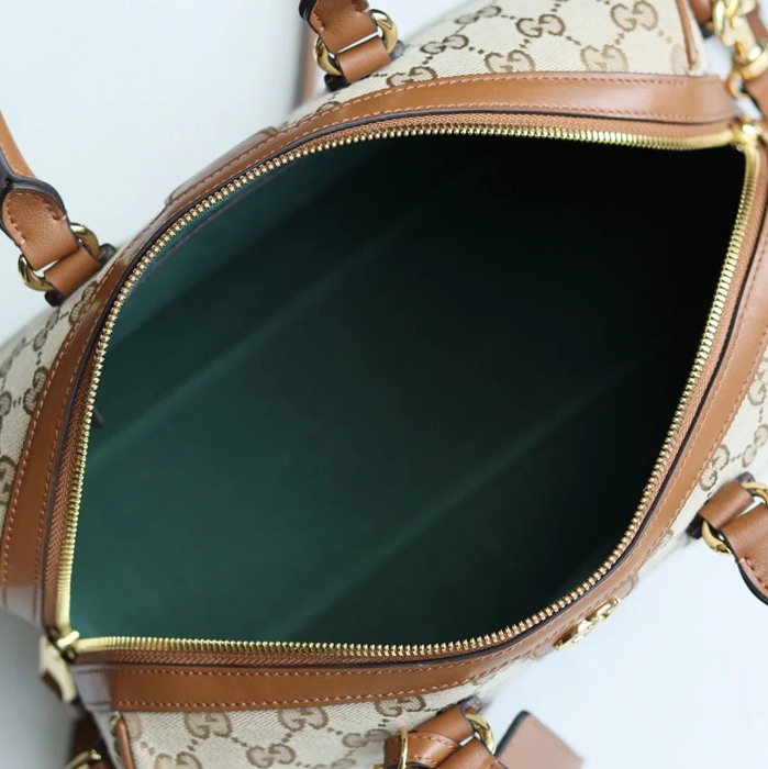GUCCI 857595 カーフレザー、キャンバス ブラウン 斜め掛けバッグ、ショルダーバッグ、ハンドバッグ、化粧ポーチ、円筒バッグ、ハンドバッグ バニティ、クラシック 30x20x16cm サイズ:30x20x16cm