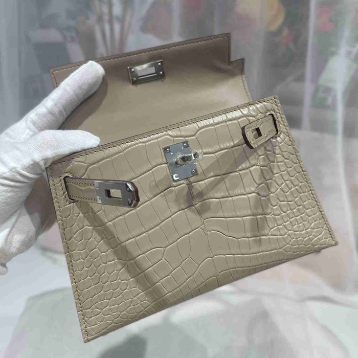 HERMES ケリー ワニ革 グレー ショルダーバッグ 高品質 19cm Kelly サイズ:19cm