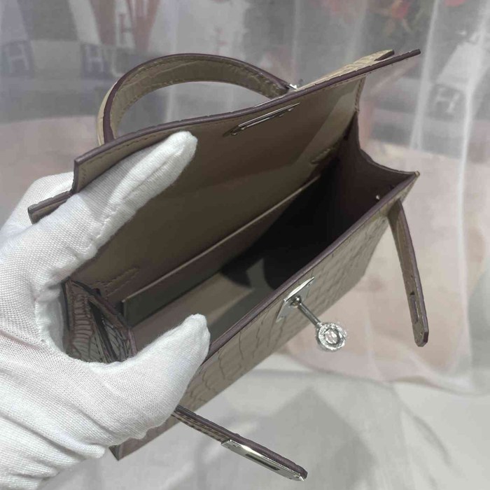 HERMES ケリー ワニ革 グレー ショルダーバッグ 高品質 19cm Kelly サイズ:19cm
