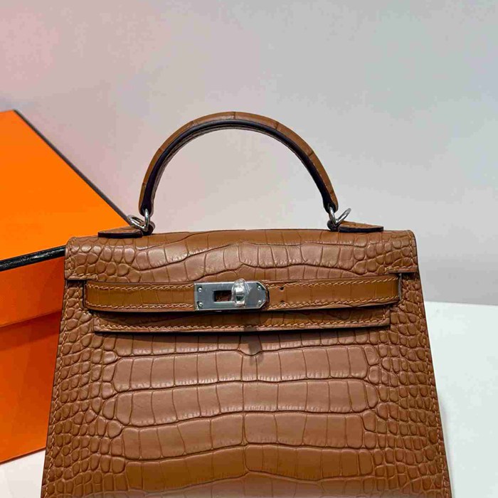 HERMES ケリー 19cm ワニ革 ブラウン ショルダーバッグ 高品質 19cm Kelly 19cm サイズ:19cm
