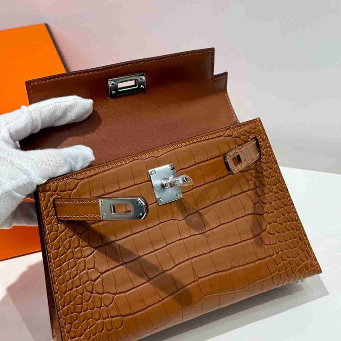 HERMES ケリー 19cm ワニ革 ブラウン ショルダーバッグ 高品質 19cm Kelly 19cm サイズ:19cm