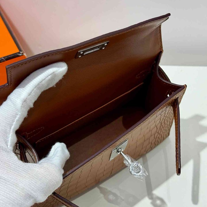 HERMES ケリー 19cm ワニ革 ブラウン ショルダーバッグ 高品質 19cm Kelly 19cm サイズ:19cm