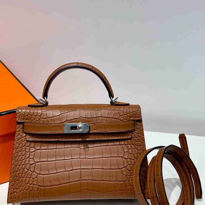 HERMES ケリー 19cm ワニ革 ブラウン ショルダーバッグ 高品質 19cm Kelly 19cm サイズ:19cm