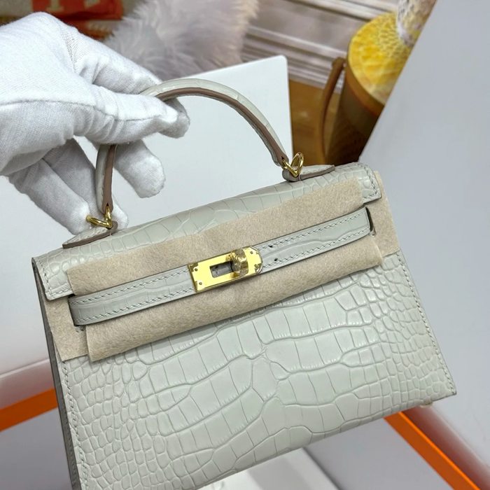 HERMES ケリー 19cm ワニ革 ホワイト ショルダーバッグ 高品質 19cm Kelly 19cm サイズ:19cm
