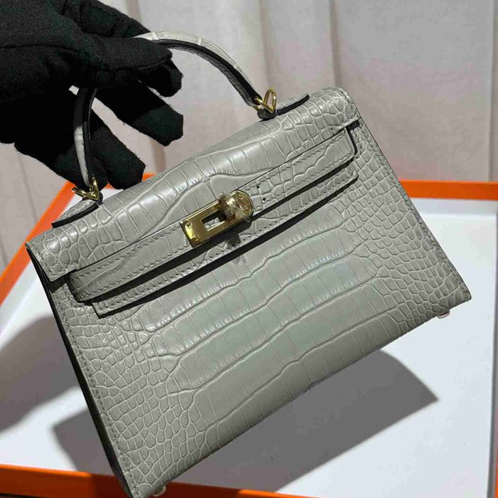 HERMES ケリー 19cm ワニ革 グレー ショルダーバッグ 高品質 19cm Kelly 19cm サイズ:19cm