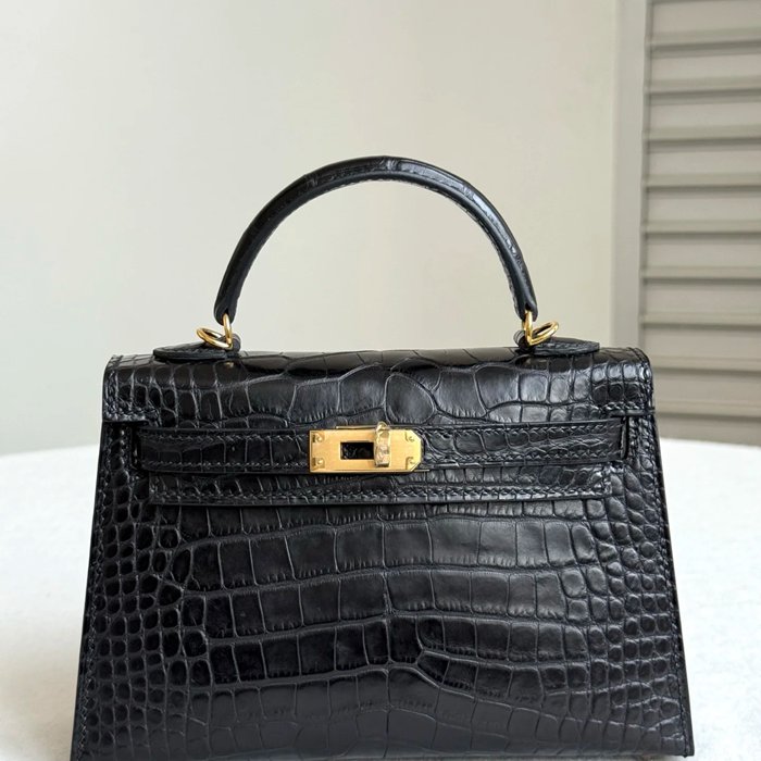 HERMES ケリー 19cm ワニ革 ブラック ショルダーバッグ 高品質 19cm Kelly 19cm サイズ:19cm