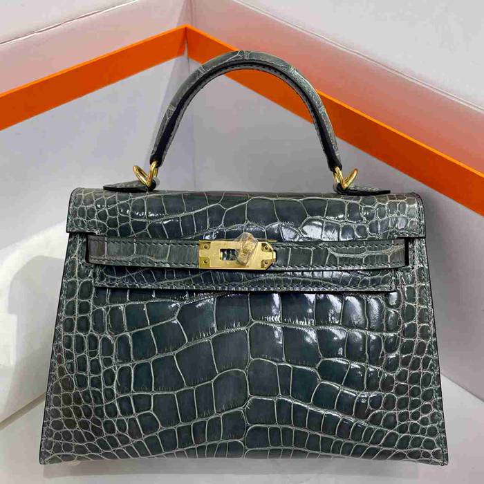 HERMES ケリー 19cm ワニ革 ブルー ショルダーバッグ 高品質 金具ゴールド 19cm Kelly 19cm サイズ:19cm