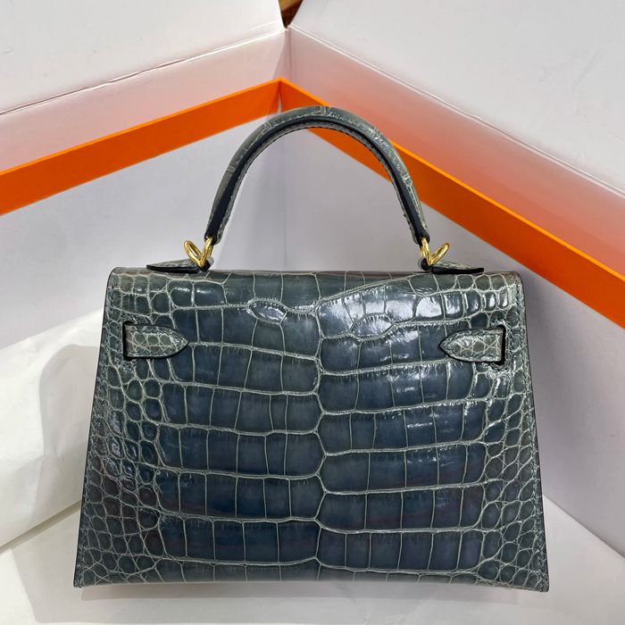 HERMES ケリー 19cm ワニ革 ブルー ショルダーバッグ 高品質 金具ゴールド 19cm Kelly 19cm サイズ:19cm